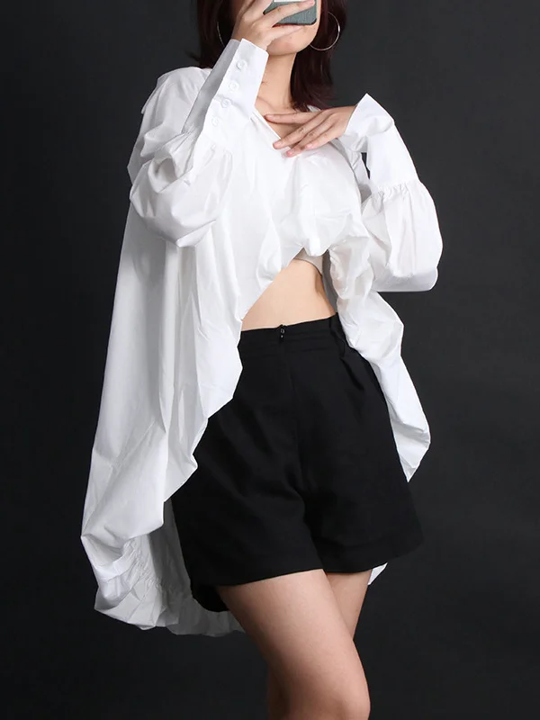 High-Low Puff Sleeves Solid Color V-Neck Blouses&Shirts Tops