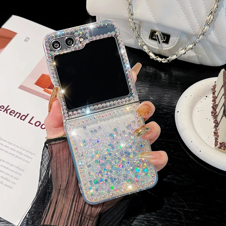 For Samsung Galaxy Z Flip 5 4 3 G Luxury Cute Pearl Diamond Crystal Liquid Glitter Phone Case Cover