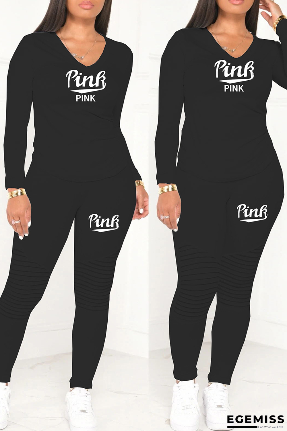 Black Casual Print Letter O Neck Long Sleeve Two Pieces | EGEMISS