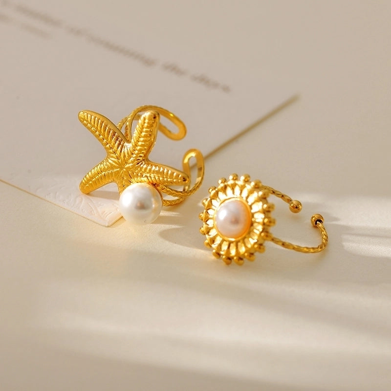 Beach Round Starfish 304 Stainless Steel Pearl 18K Gold Plated Plating Inlay Open Rings