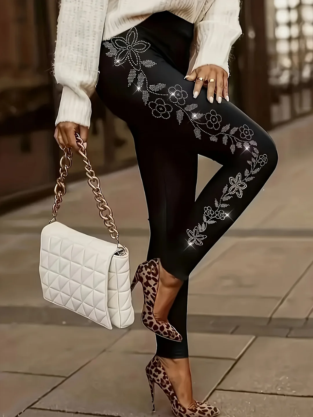 Rhinestone Glam Skinny Leggings - High Waist, Stretchy, Casual Everyday Leggings For Sports And Fitness - Comfortable, Soft, And Breathable Women's Clothing | IFYHOME