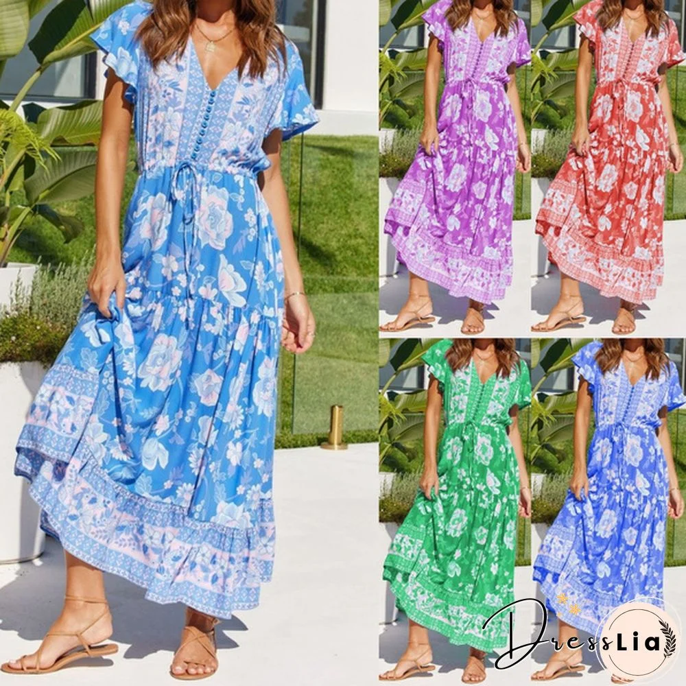 Women's Fashion Casual Flower Print Dresses Spring Summer Dresses Short Sleeve Dress Long Dress Plus Size Dress