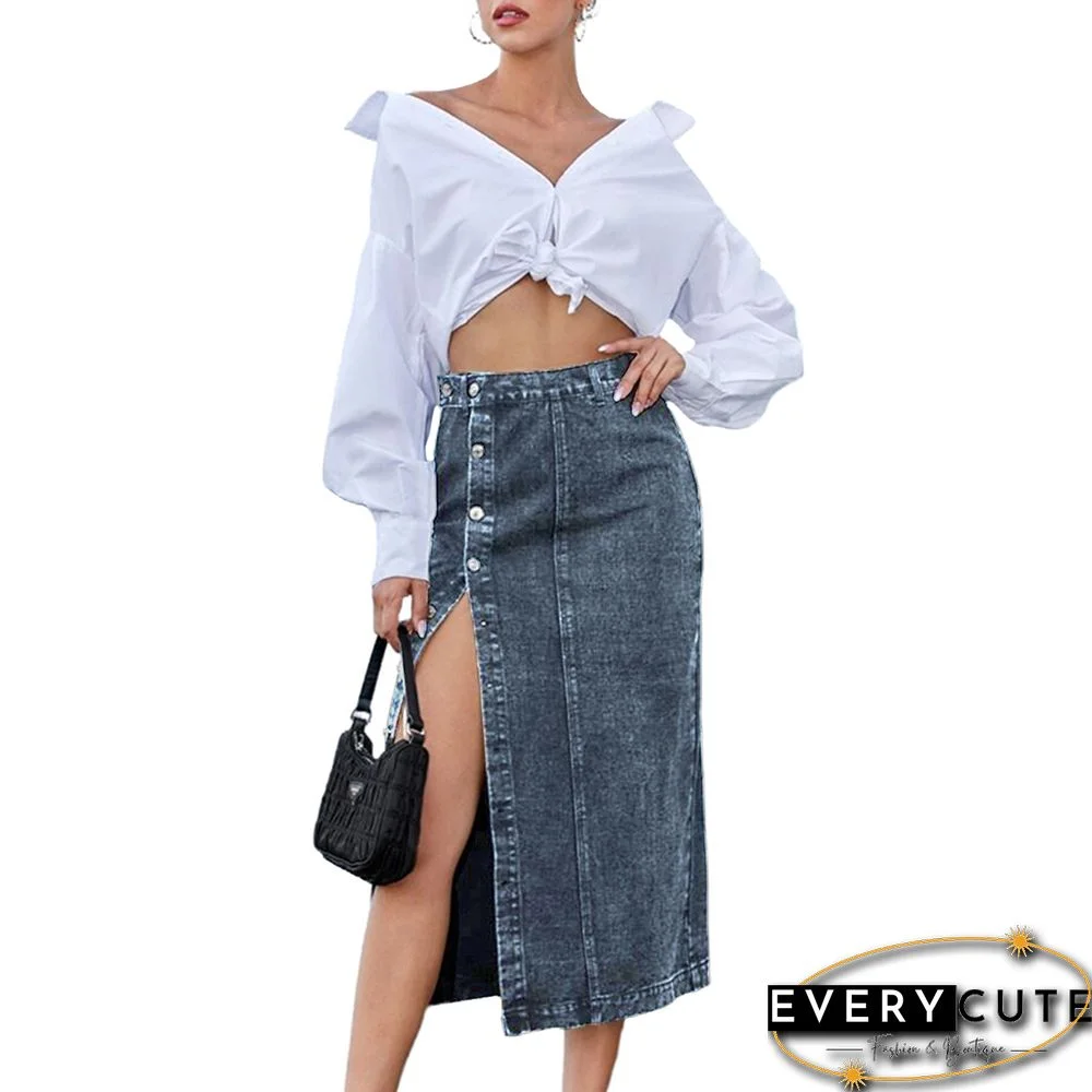 Pewter Button Split High Waist Maxi Skirt