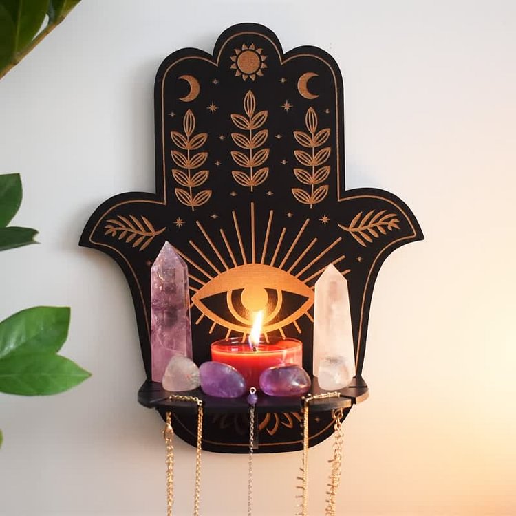 Hamsa Hand Floral Sun and Moon Altar Crystal Shelf