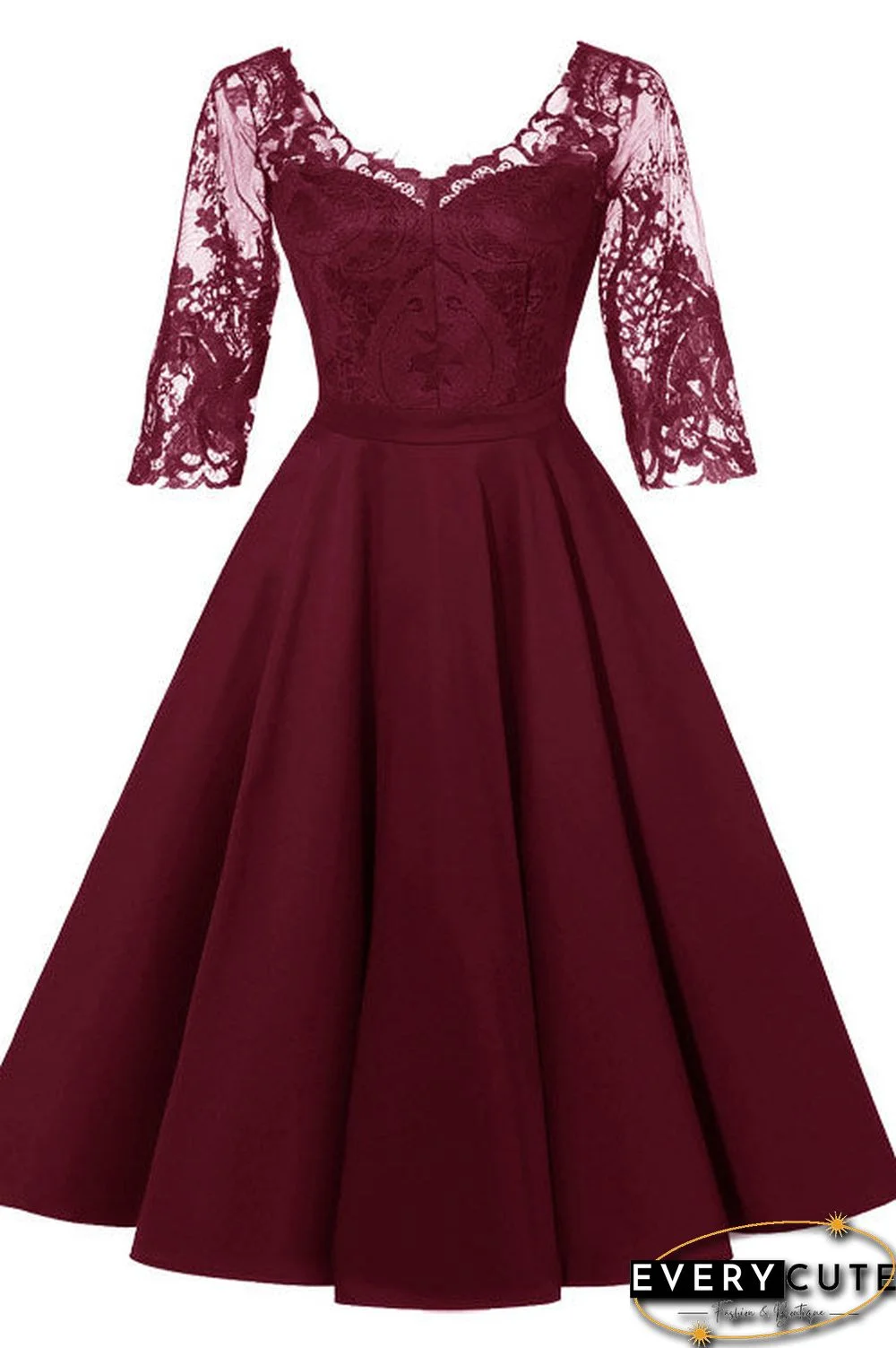 Burgundy A-line Applique Homecoming Dress With 3/4 Sleeves