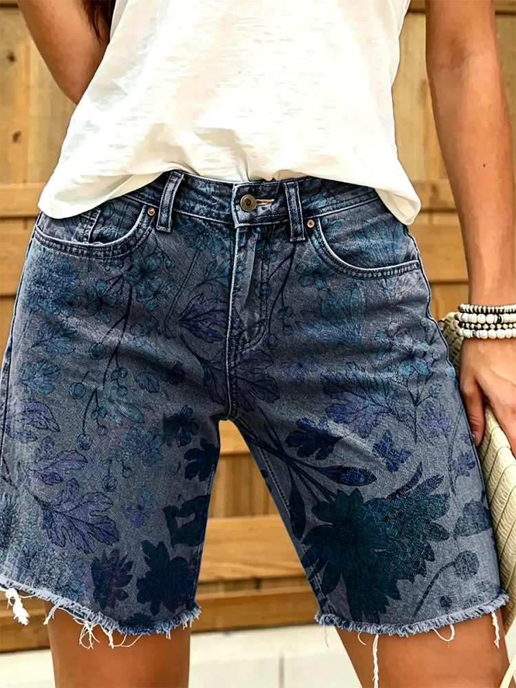 Women's Artistic Floral Print Denim Bermuda Shorts
