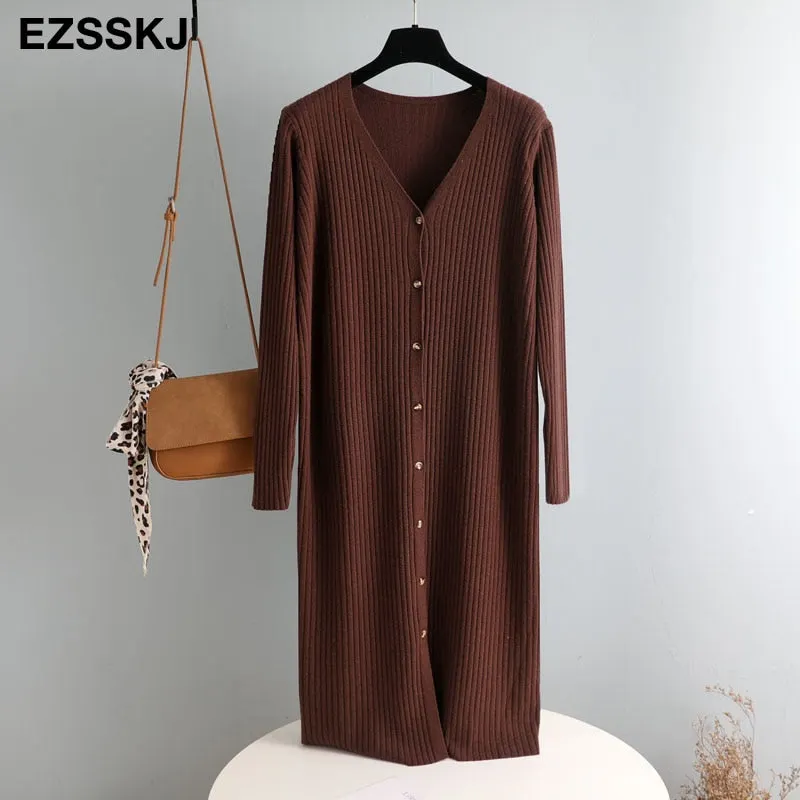 autumn winter v-neck STRAIGHT sweater dress chic oversize loose knit dress women long dress Female  chic sweater maixt dress