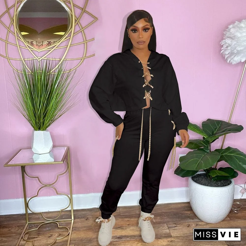 Chain Lace Up Hooded Sweatshirt and Jogger Pants Suit