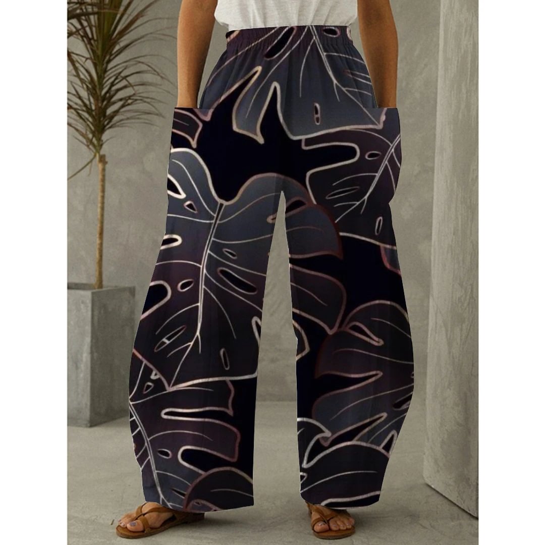 Loose Straight Pants In A Palm Print