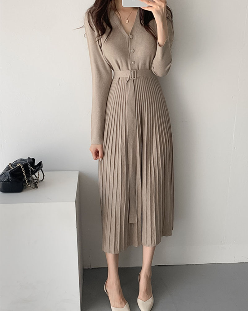 All-match knit tie slimming dress