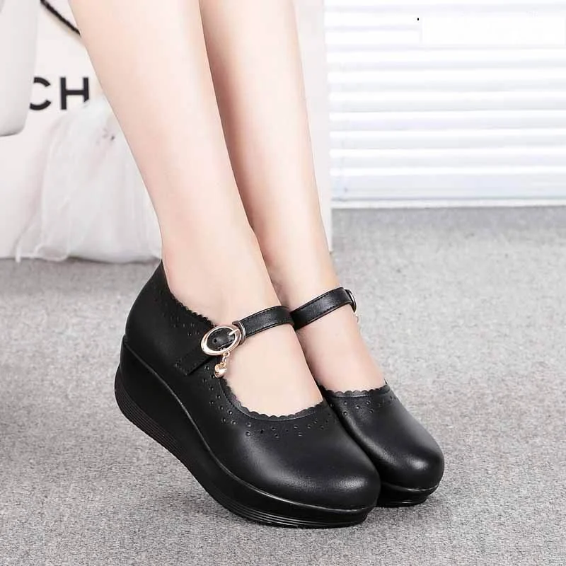 2022 Spring Real Leather Shoes High Heels Round Shallow Mouth Women Shoes Wedge Leisure White Nurse Mom Shoes Shoes Size 33-43