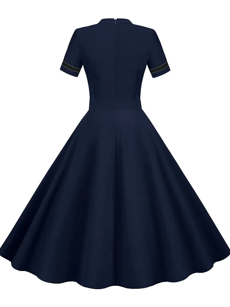 Solid Women Summer Dress Elegant Short Sleeve Stand Collar Vintage A-line Midi Long Office Party Sundress Robe