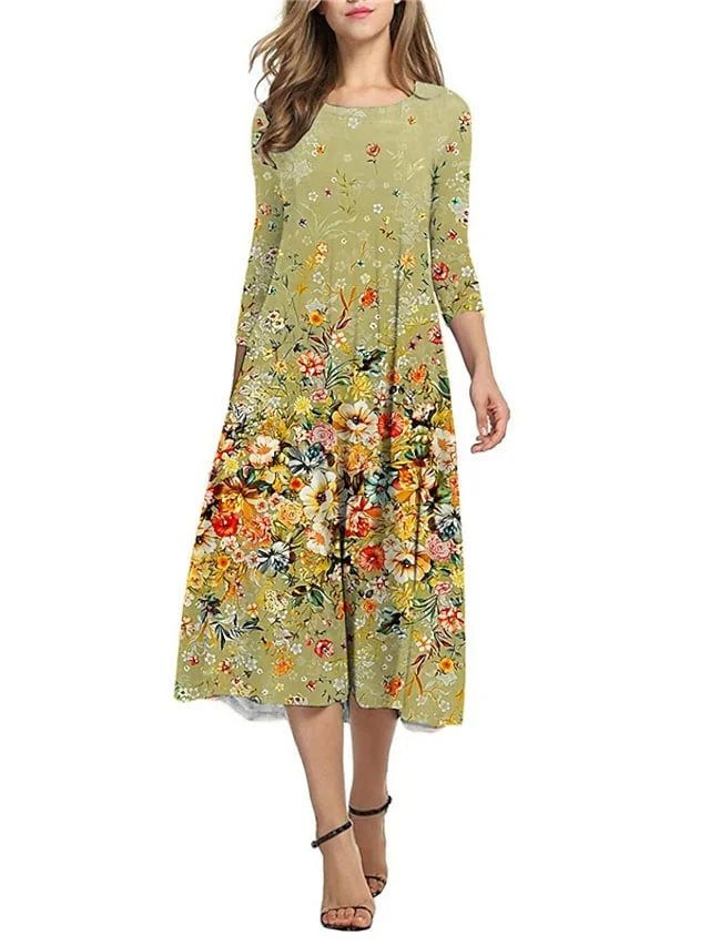Women's Casual Dress Shift Dress Midi Dress Yellow Blue Gray 3/4 Length Sleeve Floral Ruched Fall Spring Autumn Crew Neck Vacation 2023 S M L XL XXL 3XL | IFYHOME