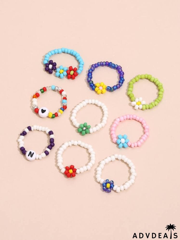 9pcs Letter Bead Decor Ring