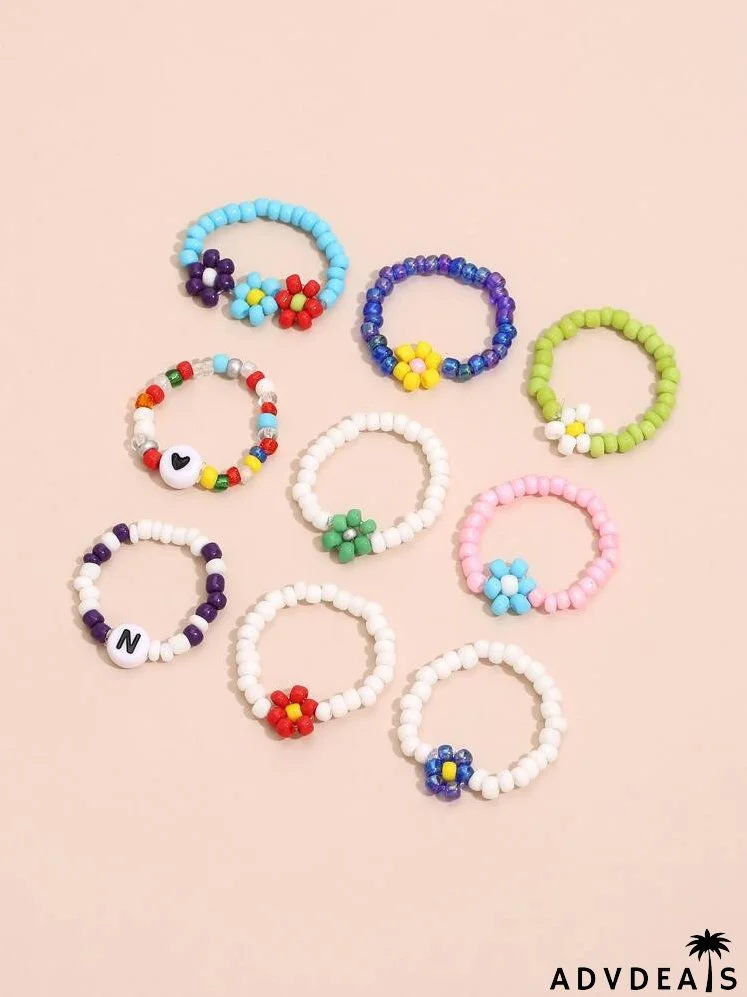 9pcs Letter Bead Decor Ring