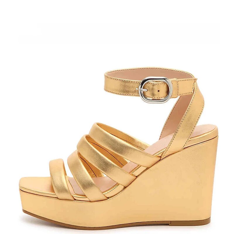 TAAFO Gold Platform High Wedge Heels Women Sandals Square Toe Ladies Buckle Strap Shoes