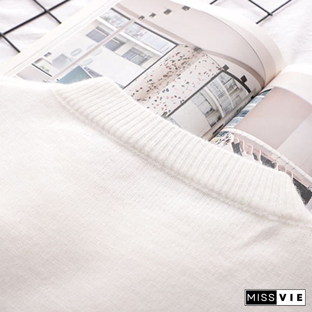 Cartoon Bear Pattern Stripe Sleeve Knit Sweater