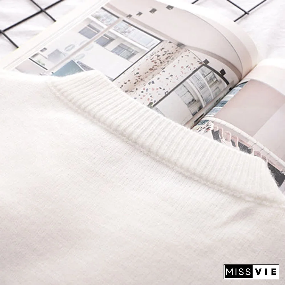 Cartoon Bear Pattern Stripe Sleeve Knit Sweater