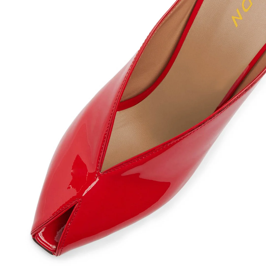 Red Patent Leather Peep Toe Rhinestone Sculptural Heel Mules Shoes