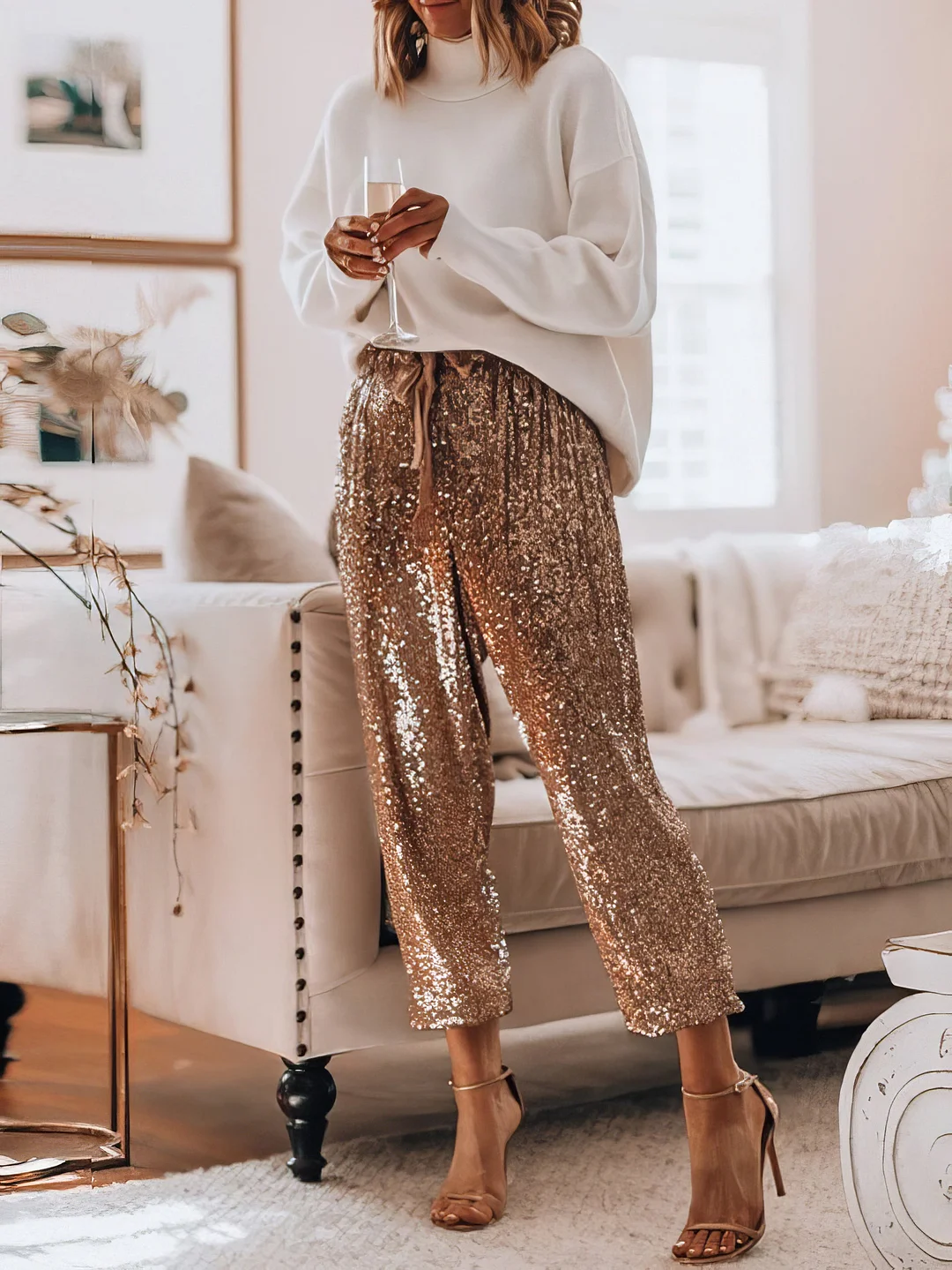 Inongge Sequined Drawstring High Waisted Leggings Slacks