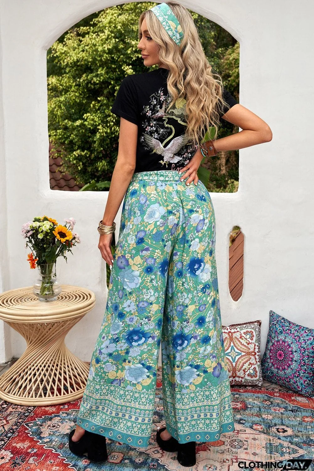 Green Floral Wide Leg Boho Pants