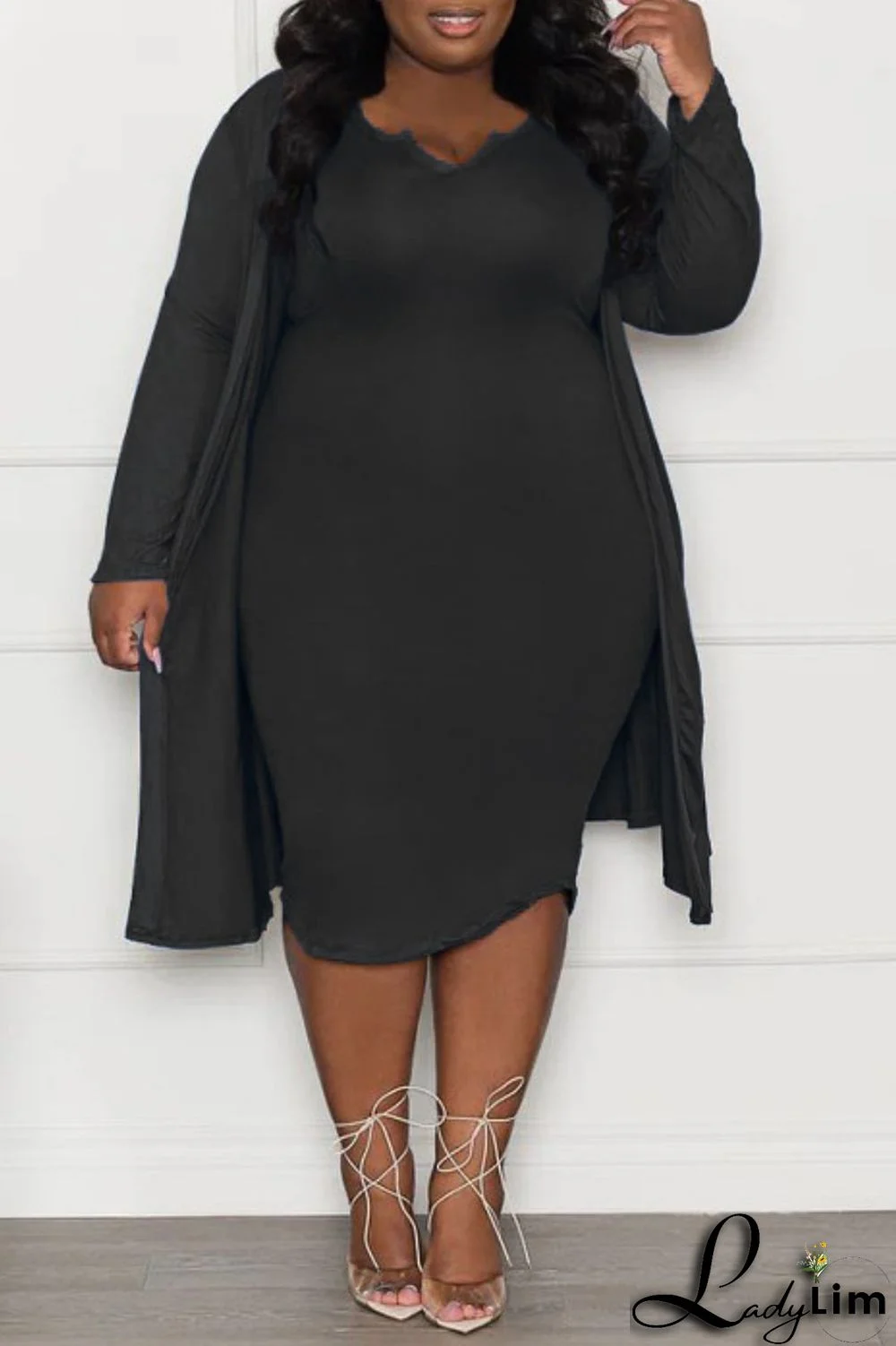 Black Casual Solid Basic V Neck Plus Size Two Pieces