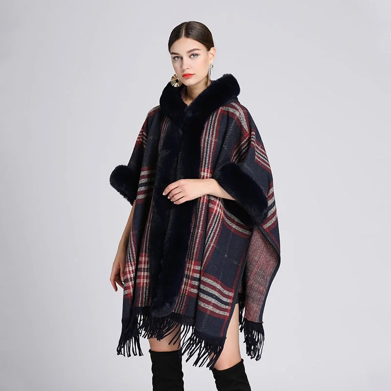Hooded Shawl Coat With Fur Collar Plaid Coat