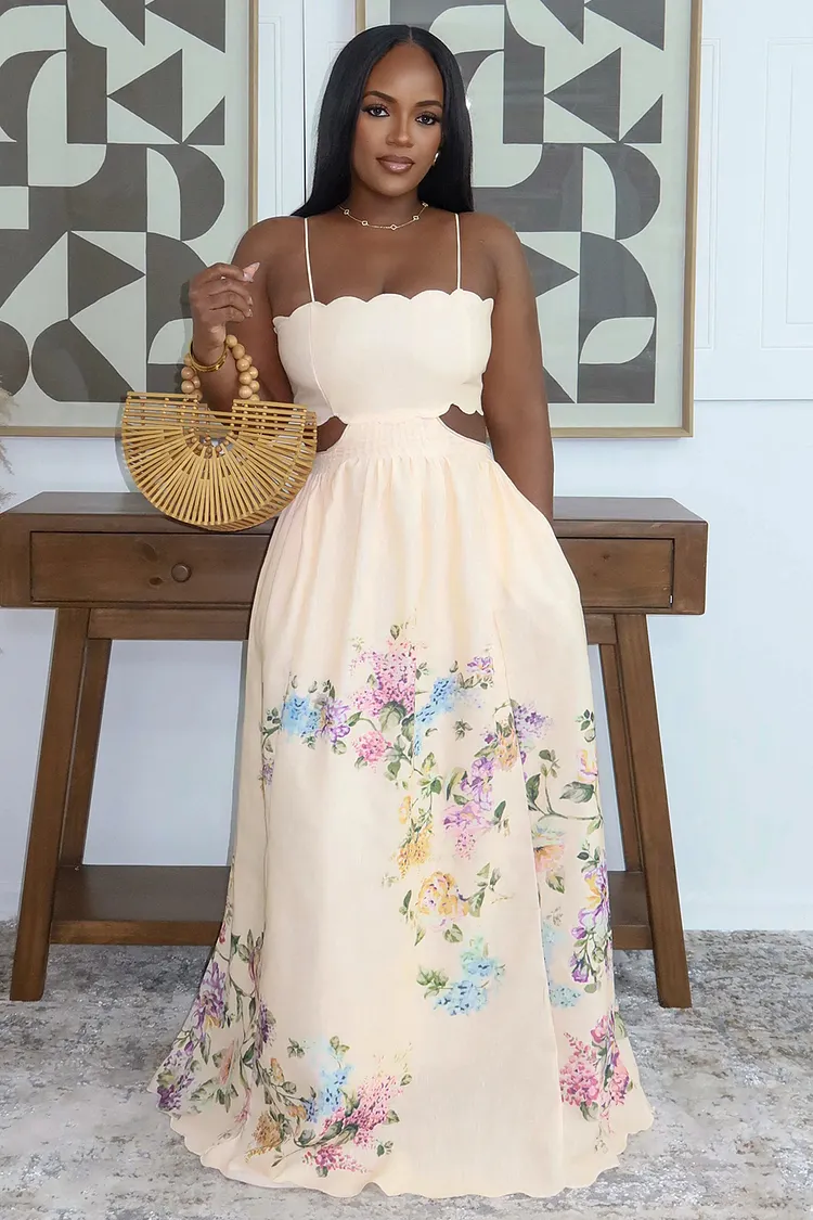 Cami Neck Cut Out Floral Print A-Line Vacation Maxi Dresses-Beige [Pre  Order]