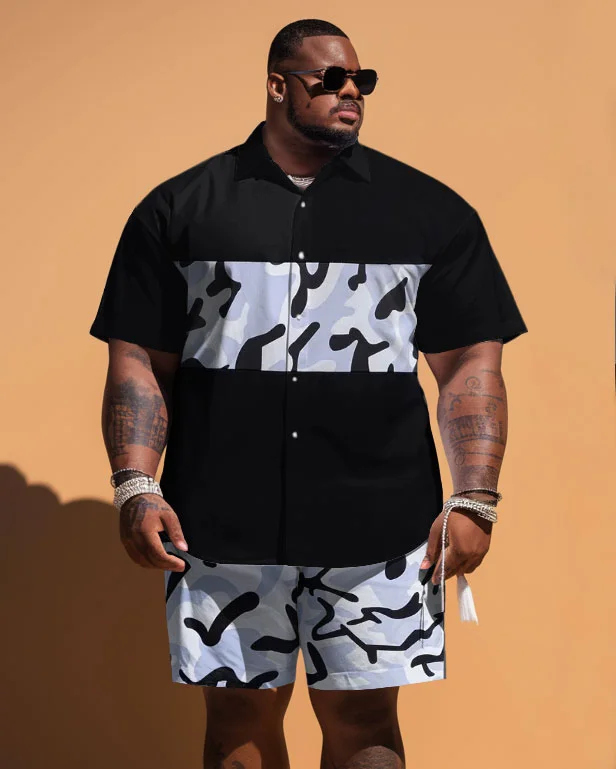 Men's Plus Size Camouflage Print Short Sleeve Shirt Shorts Suit