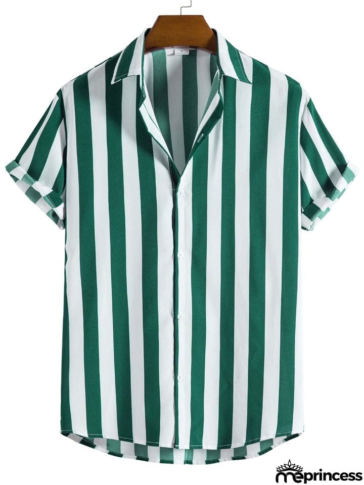 Men's Vertical Striped Button Down Aloha Shirt for Beach
