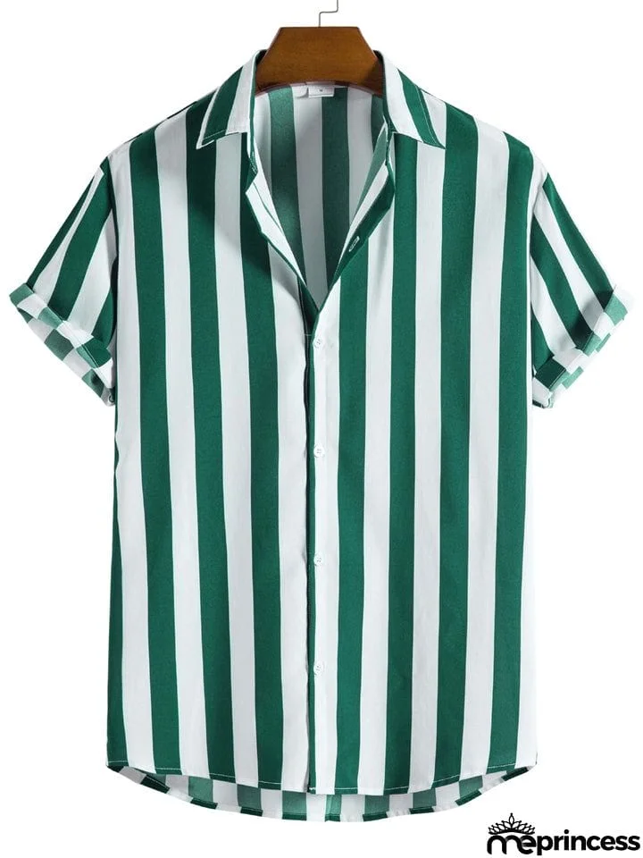Men's Vertical Striped Button Down Aloha Shirt for Beach