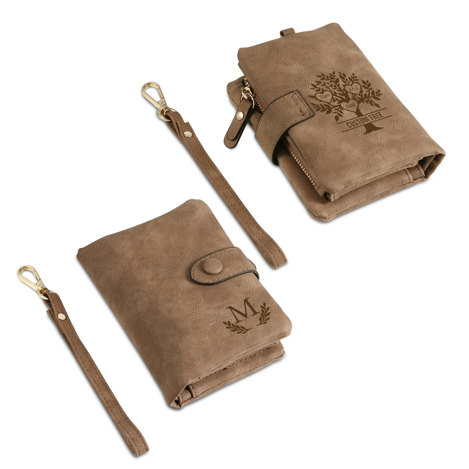 Portafoglio Albero della vita in PU pelle con 3 nomi & 1 testo & 1 lettera personalizzati per donna