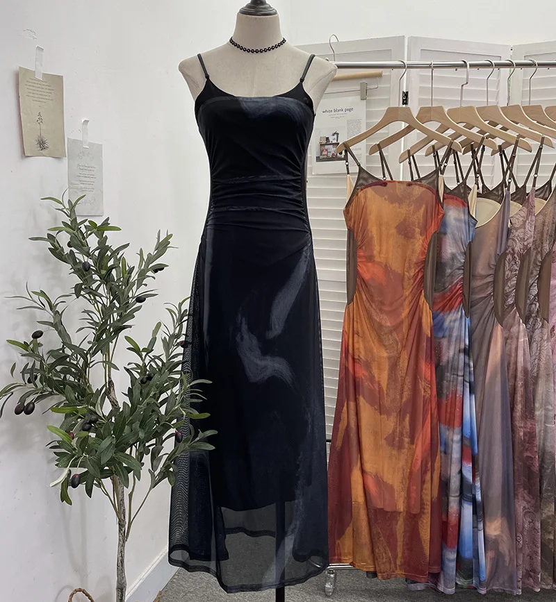 Uveng Sexy Tie-Dye Print Dress Waist Folded Folded Black Back Mesh Slings Long Skirt 888825
