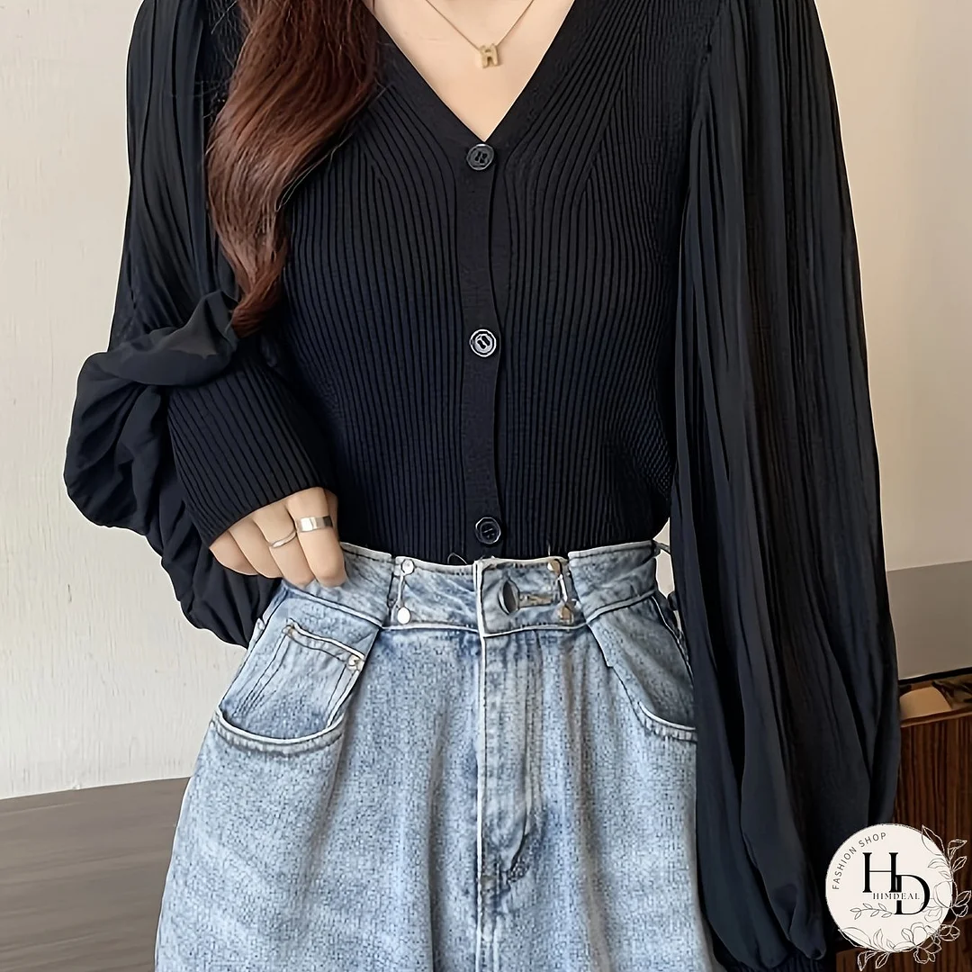 Solid Color Button Front Top, V Neck Slim Long Sleeve Cardigans Top For Spring & Fall, Women's Clothing