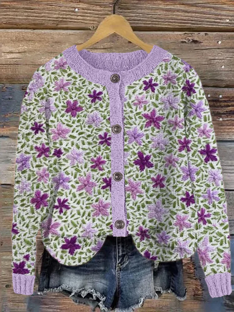 VChics Purple Tiny Flower Embroidery Art Cozy Knit Cardigan