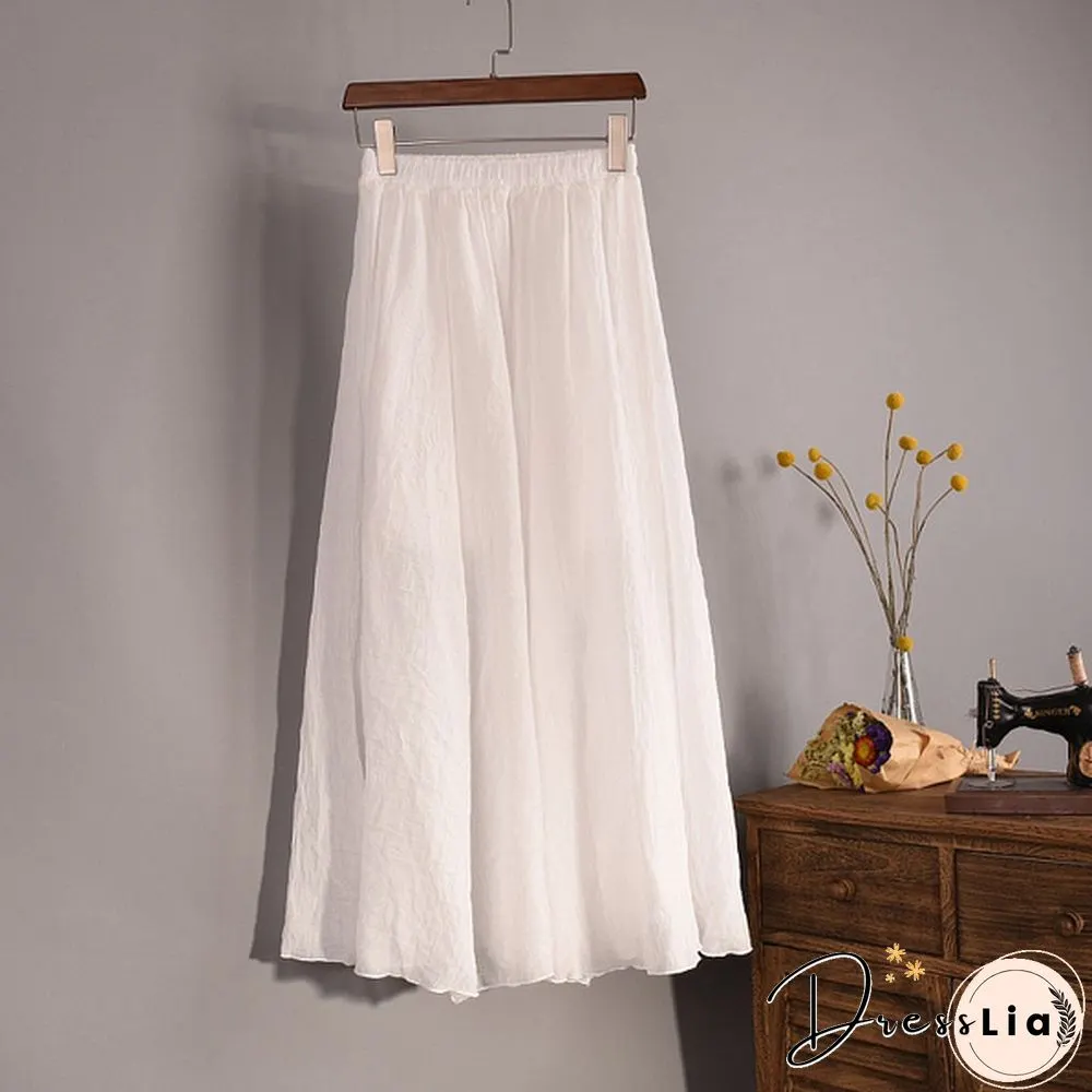 Women Cotton Linen Pleated Maxi Skirt Elastic Waist Vintage Solid Color Boho Beach Spring Summer Pleated Maxi Skirt