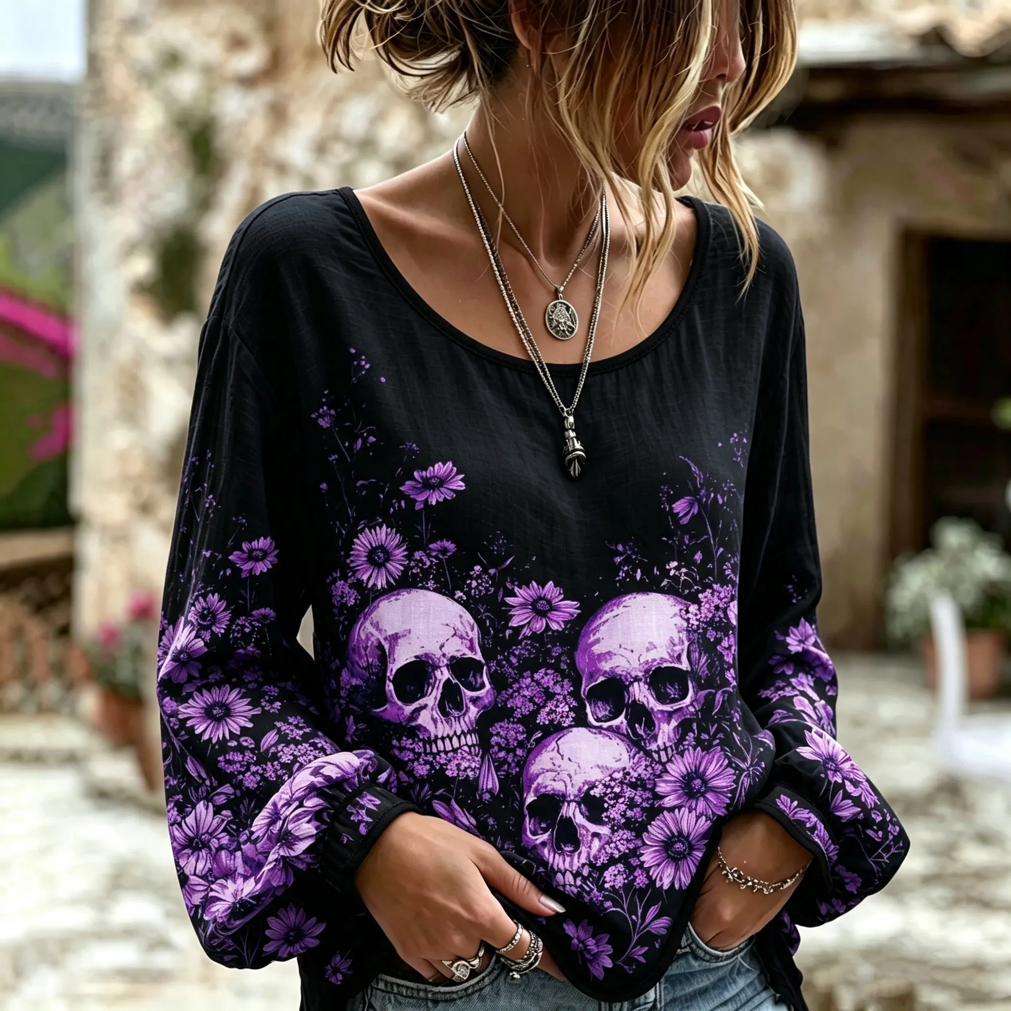 Comstylish Women's Bohemian Halloween Skull And Floral Print Cotton Linen Top