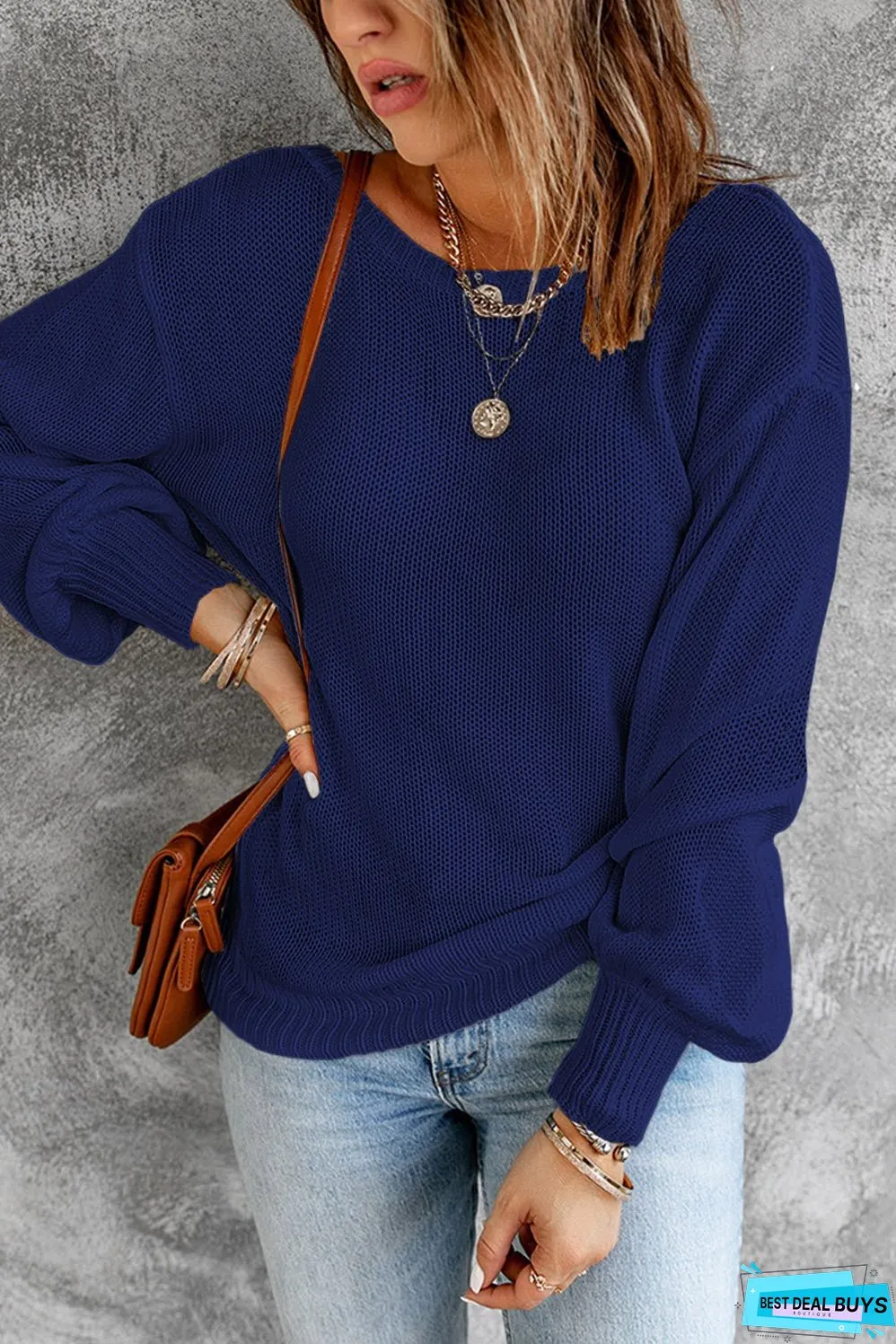 Tied Balloon Sleeve Round Neck Sweater