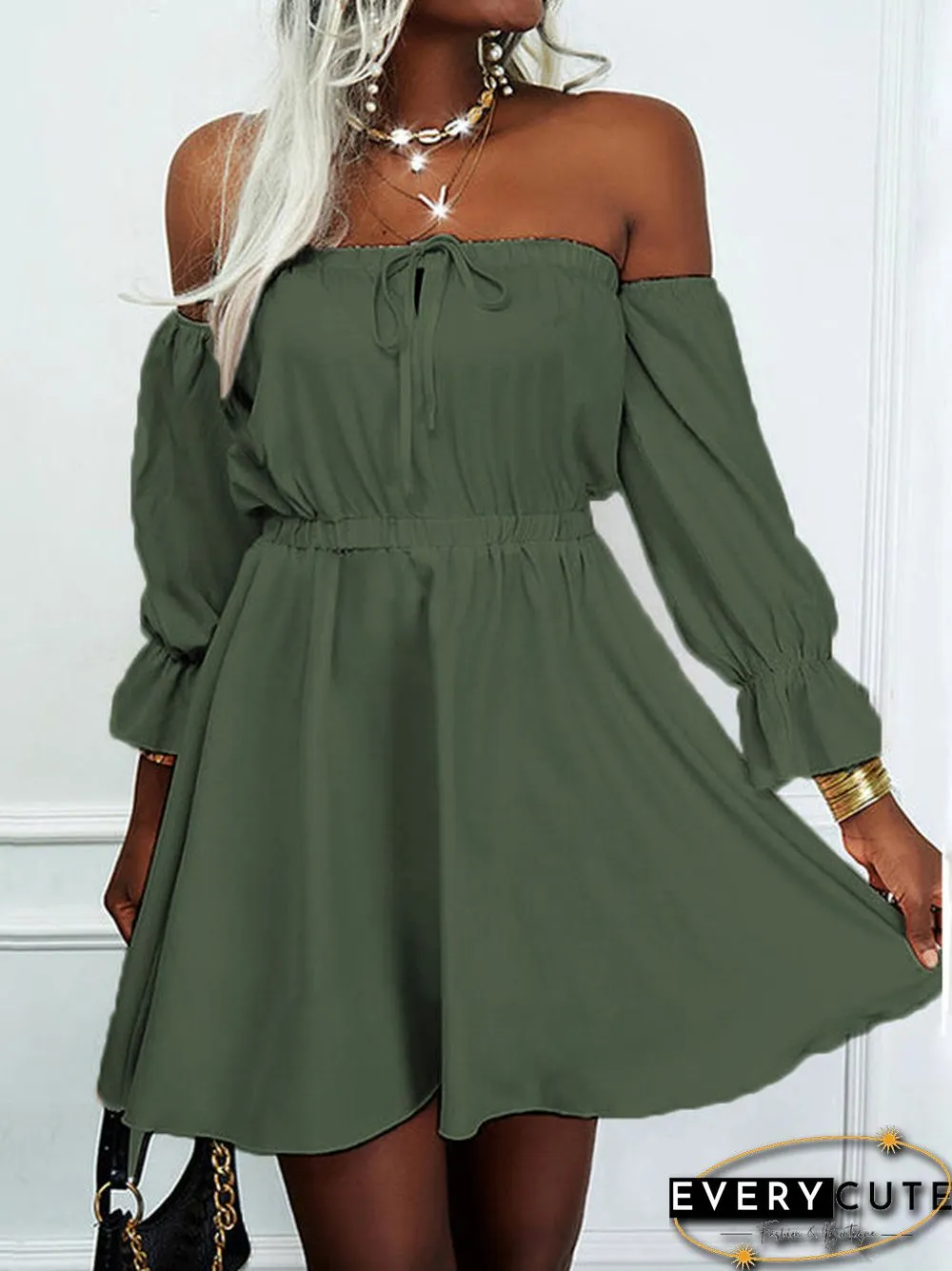 Off Shoulder Long Sleeve Elastic Waist Mini Dress