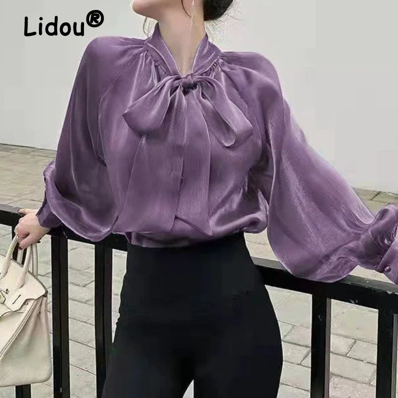 Jangj Mesh Shiny Bow Neck Shirt Spring Summer Korean Style Blouse Long Sleeve Elegant Shirt Petal Sleeve Casual Shirt for Women