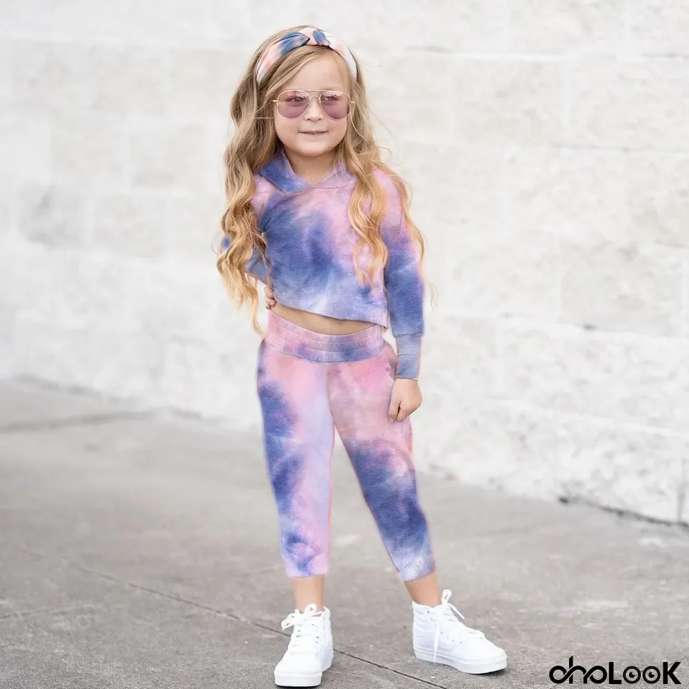 Kids Print Long Sleeve Hooded Two Piece Pants Set