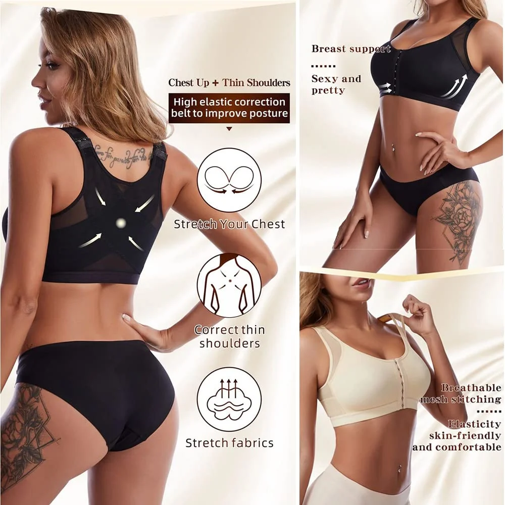 Front Closure Posture Wireless Back Support Full Coverage Bra (BUY 1 GET 2 FREE)-BEIGE+White+Black