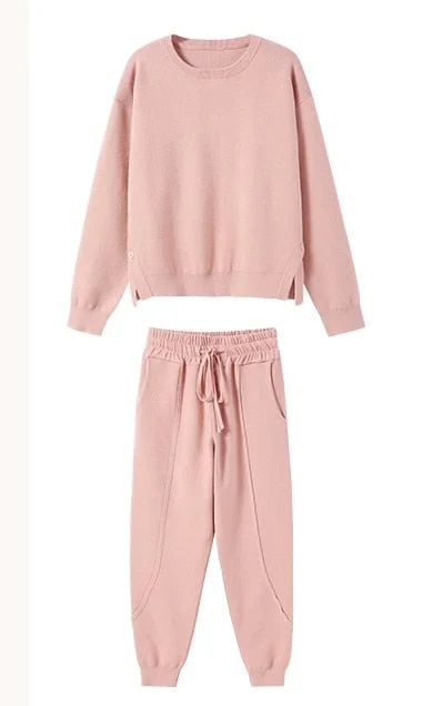 Chic Women Sweater Pullovers & Elastic Waist Harem Pants Autumn Winter Female 2 Pieces Knitted Set