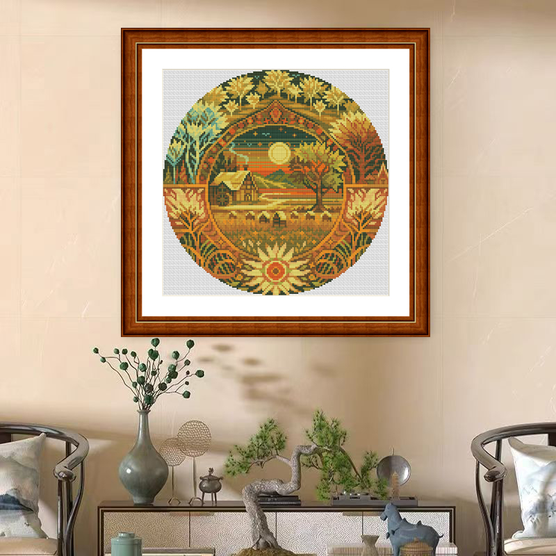 1set DIY Printed Cross Stitch Kit 【CC3089- Autumn Sunset in Circular Scenery】printed (stamped) cross-stitch Painting Fairy Cross Stitch