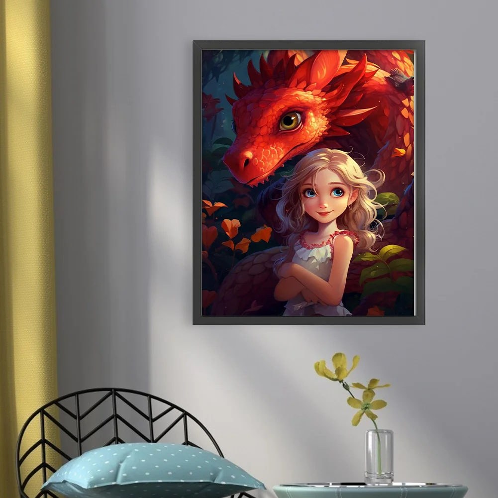 9CT Full Cross Stitch Bead Embroidery - Girl Dragon(Canvas|40*50CM)