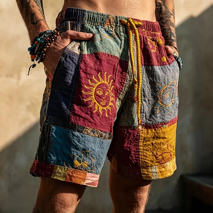 Men's Star And Moon Embroidery Patchwork Linen Shorts