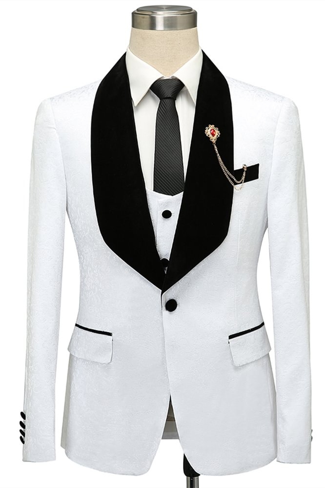 Modern Black Lapel One Button Wedding Tuxedo With White Jacquard | Ballbellas Ballbellas