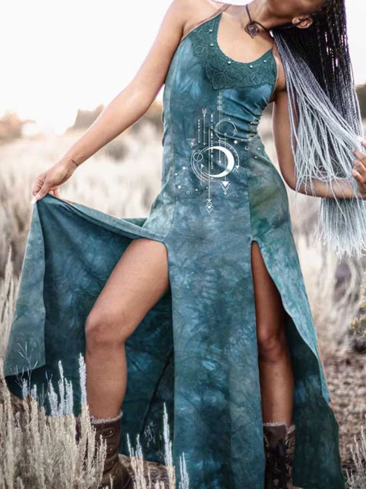 Moon Totem Slit Tie Dye Maxi Dress