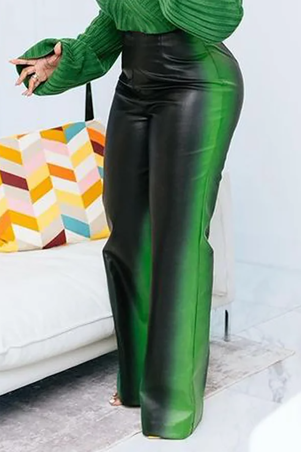 Plus Size Daily Pants Casual Green Fall Winter PU Leather Pants