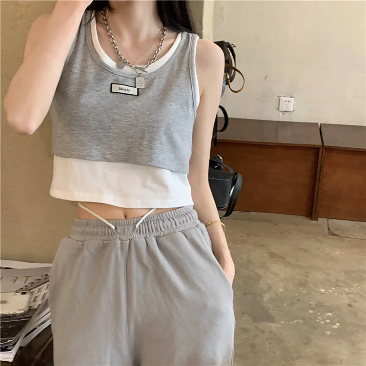 Woherb Two Pieces Camisoles Women Letter Knitted Caims Design Gym Tank Tops Sexy Korean Style Slim All-match Crop Top Mujer Casual